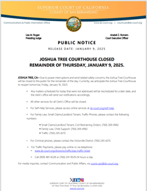 Joshua Tree Closed Remainder of Thursday, January 9, 2025